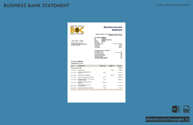 Beispiel eines Kontoauszugs der Sri Lanka Bank of Ceylon (Word- und PDF-Datei)